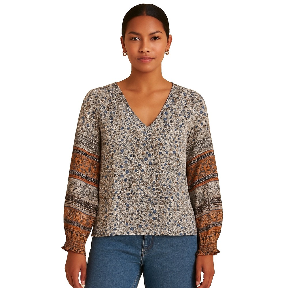 Misa Los Angeles Women Top Paisley‎ Floral Chiffon  Sheer Short Sleeve Small